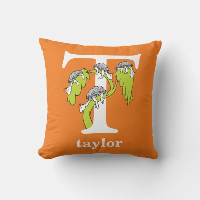 Dr. Seuss's ABC: Letter T - White | Add Your Name Throw Pillow (Front)