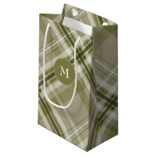 Drab olive and beige plaid men's gifting small gift bag