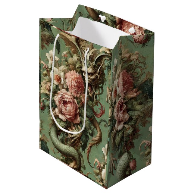Drac’s Finery – Gothic Dragon Floral  Medium Gift Bag (Front Angled)