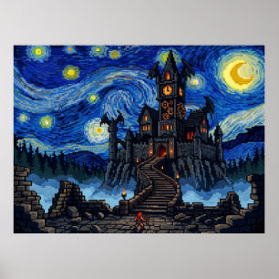 Dracula's Castle Castlevania Pixel Starry Night Poster
