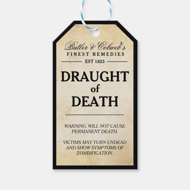 Draft of Death zombie Halloween apothecary tag (Front)
