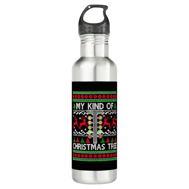 Drag Racing Christmas Tree Ugly Xmas Sweater 710 Ml Water Bottle (Front)