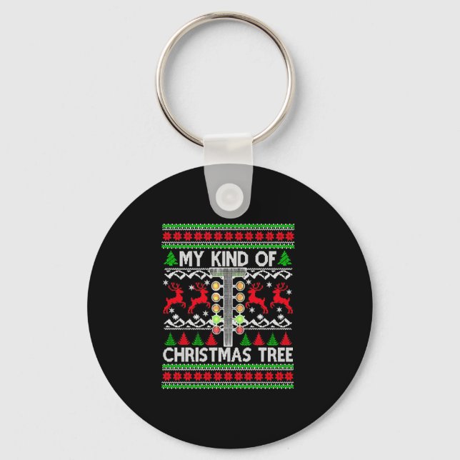 Drag Racing Christmas Tree Ugly Xmas Sweater Keychain (Front)
