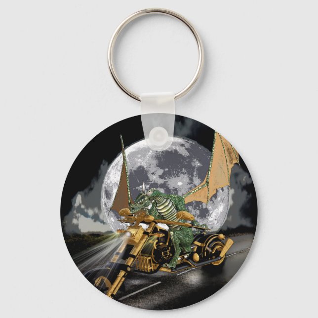 Drag-racing Dragon and Moon Fantasy Artwork Keychain (Front)