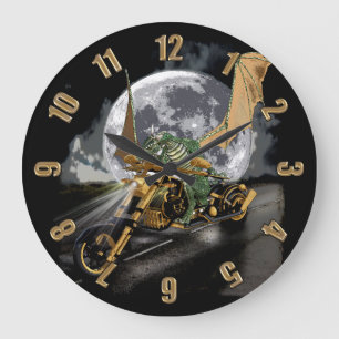Drag-racing Dragon and Moon Fantasy Artwork Large Clock