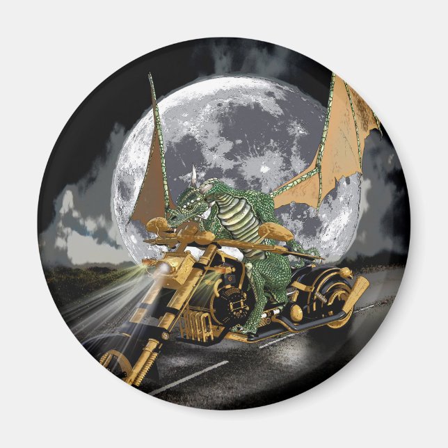 Drag-racing Dragon and Moon Fantasy Artwork Magnet (Front)