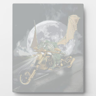 Drag-racing Dragon and Moon Fantasy Artwork Plaque