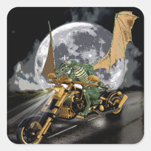 Drag-racing Dragon and Moon Fantasy Artwork Square Sticker