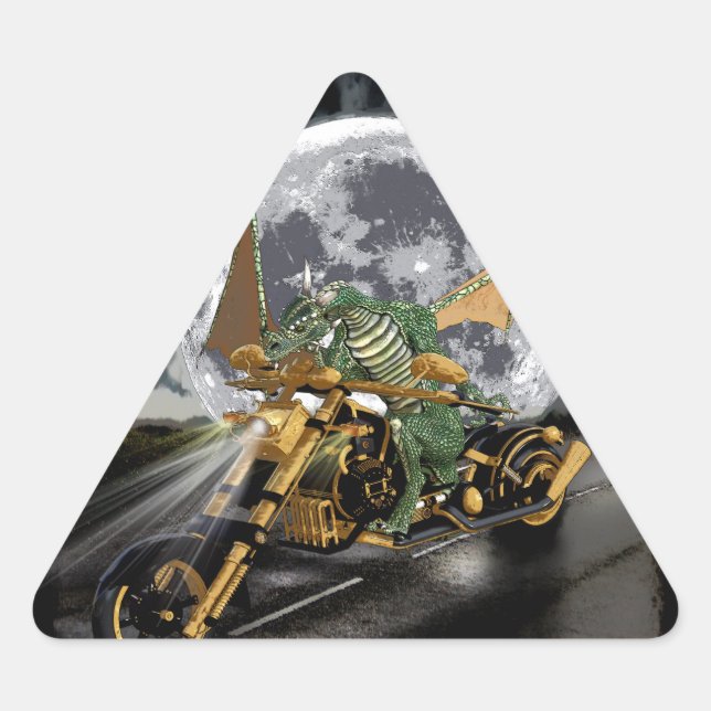 Drag-racing Dragon and Moon Fantasy Artwork Triangle Sticker (Front)
