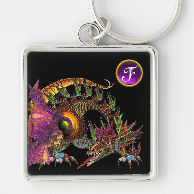 DRAGO Fantasy Dragon Purple Gem Monogram Keychain (Front)