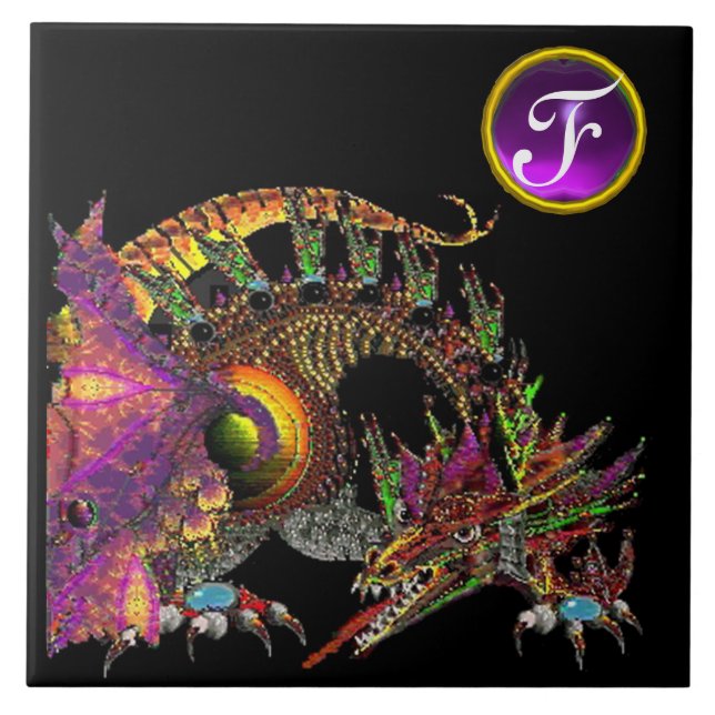 DRAGO,FANTASY DRAGON,PURPLE GEMSTONE MONOGRAM TILE (Front)