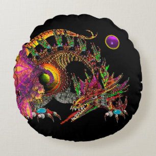 DRAGO /FANTASY GOLD DRAGON,PURPLE  BLACK MONOGRAM ROUND PILLOW