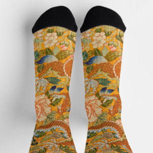 DRAGON AMONG PEONIES,FLOWERS,GREEN LEAVES Floral T Socks