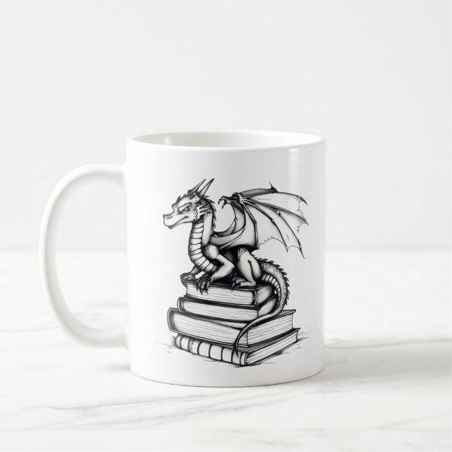 Dragon and Books Line Art Coffee Mug (Left)
