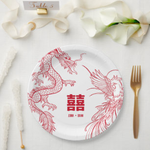 Dragon and Phoenix Clash   Double Happiness Paper Plate