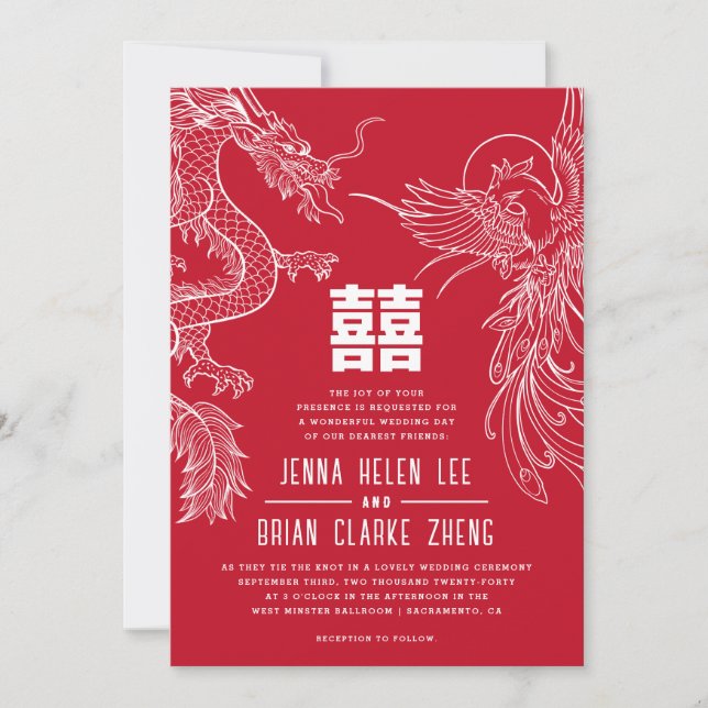 Dragon and Phoenix Double Happiness Wedding Invitation (Front)
