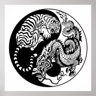 dragon and tiger yin yang symbol poster