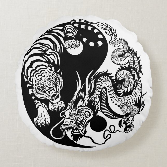 dragon and tiger yin yang symbol round pillow (Front)