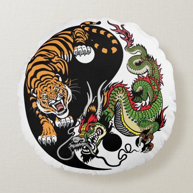 dragon and tiger yin yang symbol round pillow (Front)