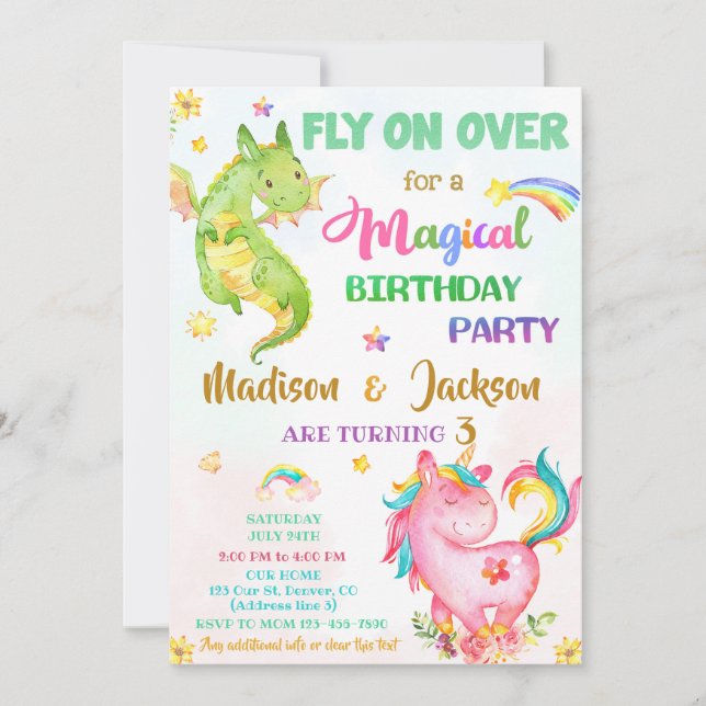 Dragon and unicorn birthday invitation boy & girl (Front)
