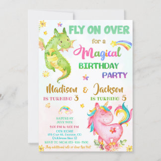Dragon and unicorn birthday invitation boy & girl