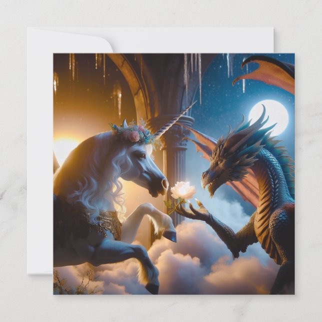 Dragon and Unicorn In Love Fantasy Holiday Card (Front)