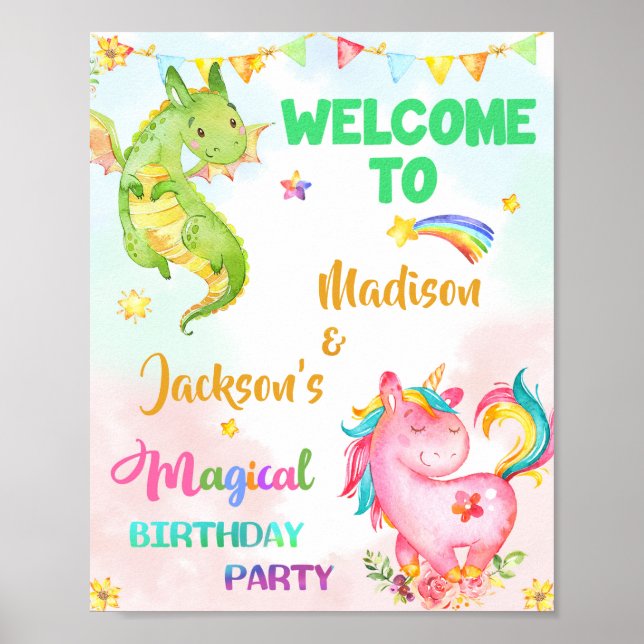 Dragon and Unicorn welcome party sign Magic party (Front)