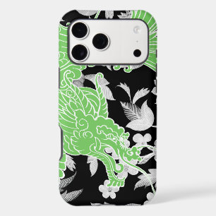 Dragon asiatique - Vert citron sur fond floral noi