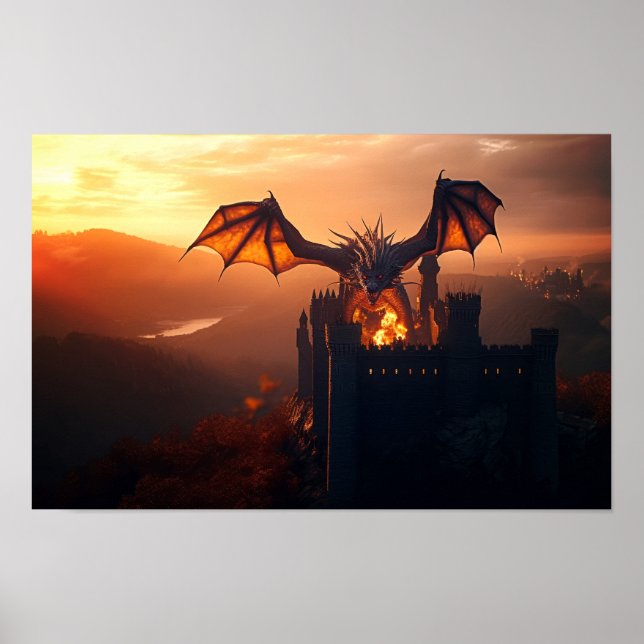 Dragon attacking a castle poster (Front)