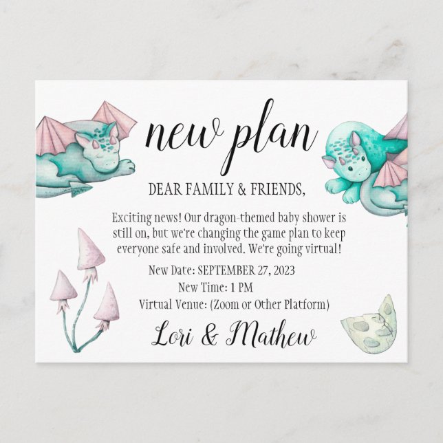 Dragon Baby Shower Change of Event Announcement  Postcard (Front)