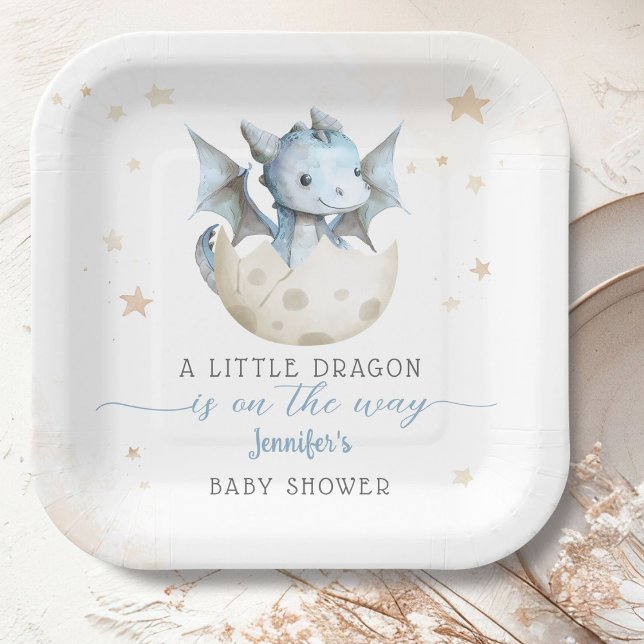 Dragon Baby Shower Cute Boy Blue Dragon Paper Plate (Creator Uploaded)
