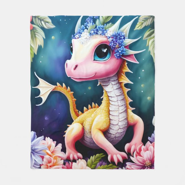 Dragon Baby Space Flowers Portrait Fleece Blanket (Front)
