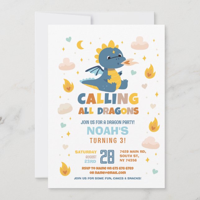 Dragon Birthday Party Blue Fire Dragons Boys Invitation (Front)