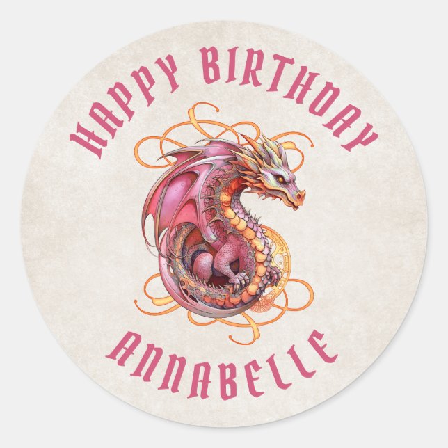 Dragon Birthday Party Classic Round Sticker (Front)