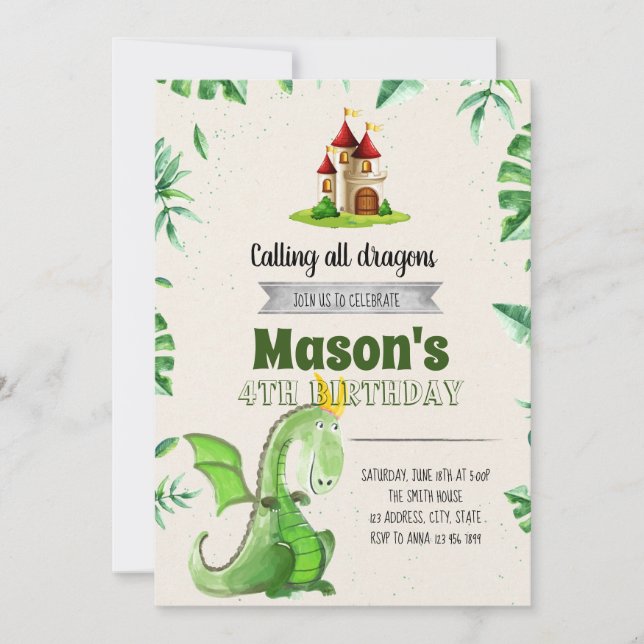 Dragon birthday party invitation (Front)