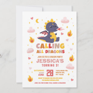 Dragon Birthday Party Pink Fire Dragons Girls Invitation