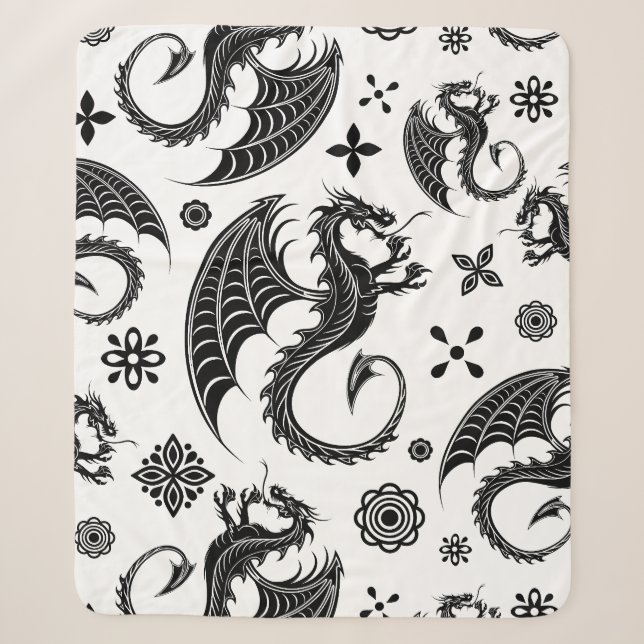 Dragon Black Shape Tattoo Style Sherpa Blanket (Front)