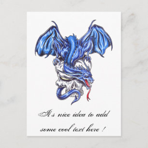 Dragon bleu cool sur carte postale tatouage crâne