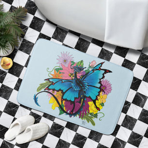 Dragon Blue Butterfly Flowers Bath Mat