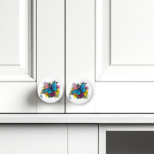 Dragon Blue Butterfly Flowers Ceramic Knob