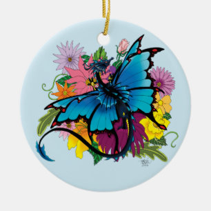 Dragon Blue Butterfly Flowers Ceramic Ornament
