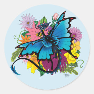 Dragon Blue Butterfly Flowers Classic Round Sticker