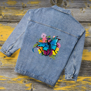 Dragon Blue Butterfly Flowers Denim Jacket