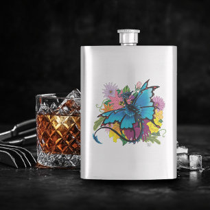 Dragon Blue Butterfly Flowers Hip Flask