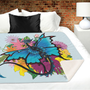 Dragon Blue Butterfly Flowers Sherpa Blanket