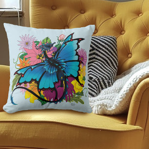 Dragon Blue Butterfly Flowers Throw Pillow