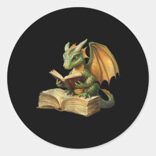 Dragon Bookworm Reading Book Funny Graphic  Classic Round Sticker