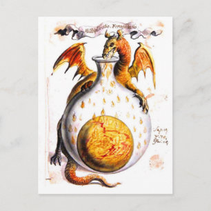 Dragon breathing fire into flask postcard