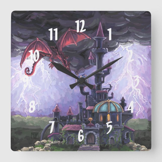 Dragon Castle Square Wall Clock (Front)