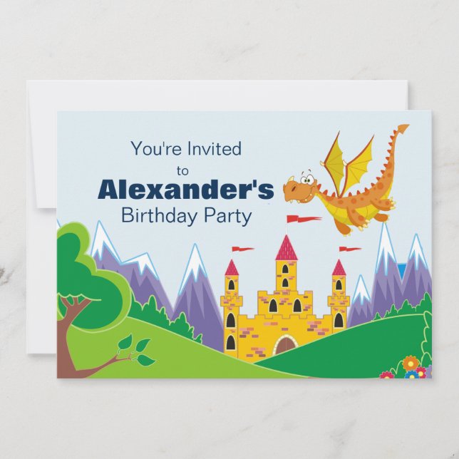 Dragon & Château Invitation personnalisée Annivers (Devant)